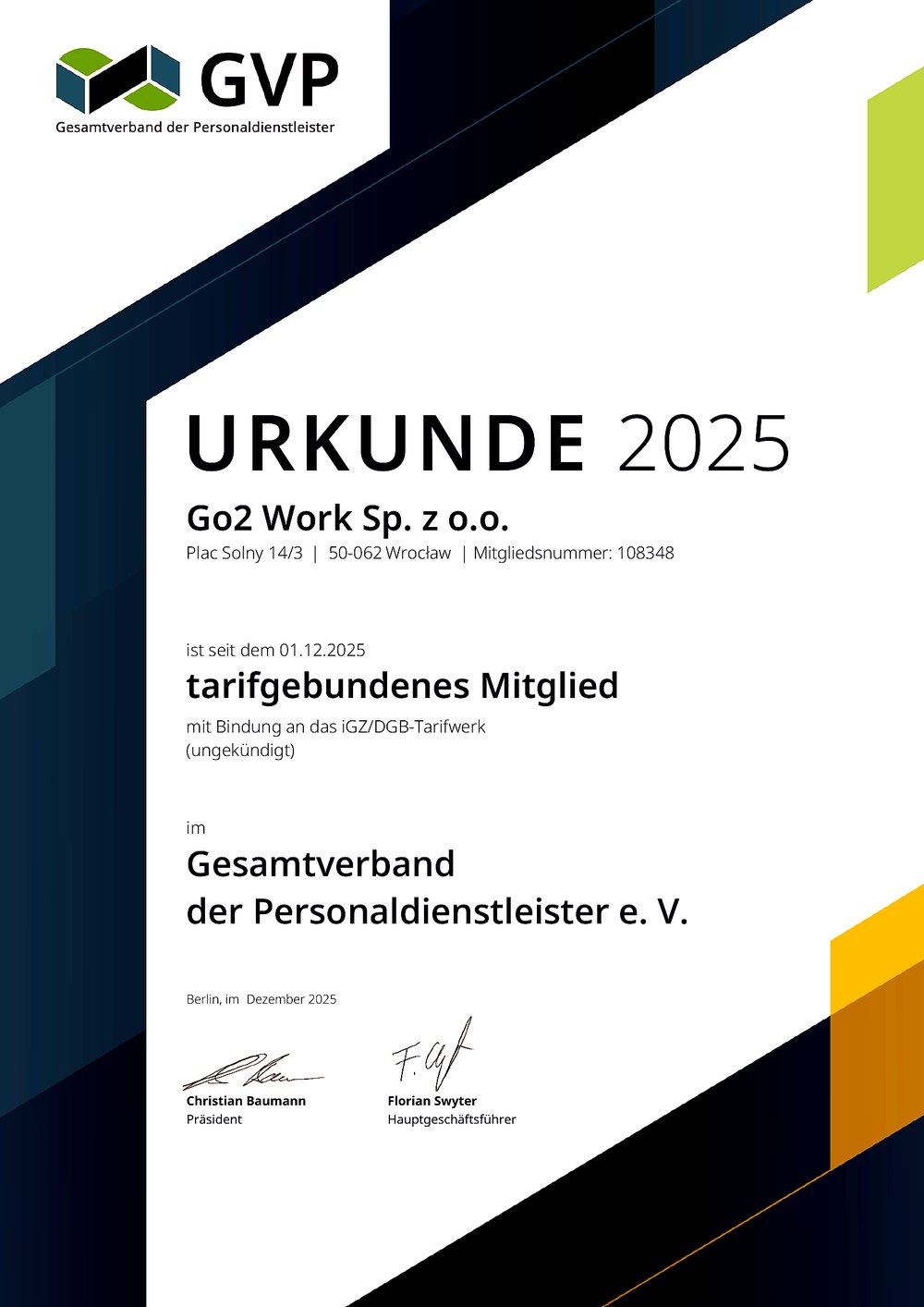 GVP Mitgliedsurkunde — Gesamtverband der Personaldienstleister