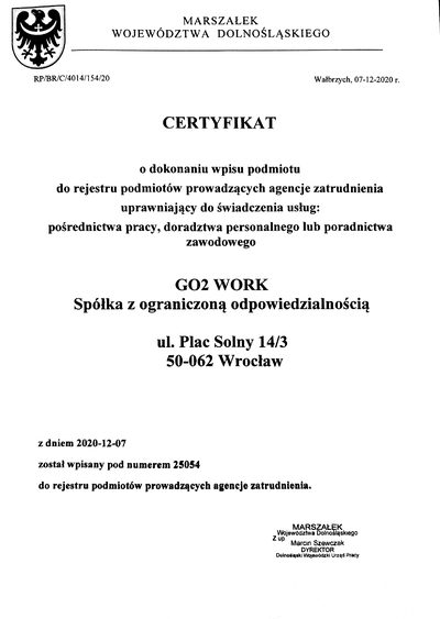 Certyfikat KRAZ 25054 — pośrednictwo pracy