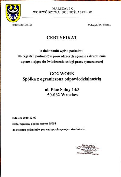 Certyfikat KRAZ — praca tymczasowa